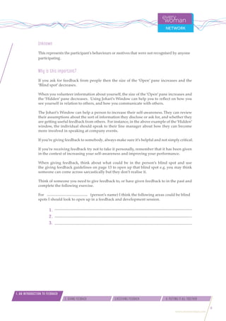 www.everywoman.com
4. PUTTING IT ALL TOGETHER2. GIVING FEEDBACK 3.RECEIVING FEEDBACK
1. AN INTRODUCTION TO FEEDBACK
8
Unknown
This represents the participant's behaviours or motives that were not recognised by anyone
participating.
Why is this important?
If you ask for feedback from people then the size of the ‘Open’ pane increases and the
‘Blind spot’ decreases.
When you volunteer information about yourself, the size of the ‘Open’ pane increases and
the ‘Hidden’ pane decreases. Using Johari’s Window can help you to reflect on how you
see yourself in relation to others, and how you communicate with others.
The Johari’s Window can help a person to increase their self-awareness. They can review
their assumptions about the sort of information they disclose or ask for, and whether they
are getting useful feedback from others. For instance, in the above example of the‘Hidden’
window, the individual should speak to their line manager about how they can become
more involved in speaking at company events.
If you’re giving feedback to somebody, always make sure it’s helpful and not simply critical.
If you’re receiving feedback try not to take it personally, remember that it has been given
in the context of increasing your self-awareness and improving your performance.
When giving feedback, think about what could be in the person’s blind spot and use
the giving feedback guidelines on page 13 to open up that blind spot e.g. you may think
someone can come across sarcastically but they don’t realise it.
Think of someone you need to give feedback to, or have given feedback to in the past and
complete the following exercise.
For (person’s name) I think the following areas could be blind
spots I should look to open up in a feedback and development session.
1.	
2.	
3.	
 