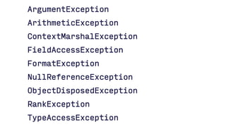 ArgumentException
ArithmeticException
ContextMarshalException
FieldAccessException
FormatException
NullReferenceException
ObjectDisposedException
RankException
TypeAccessException
 
