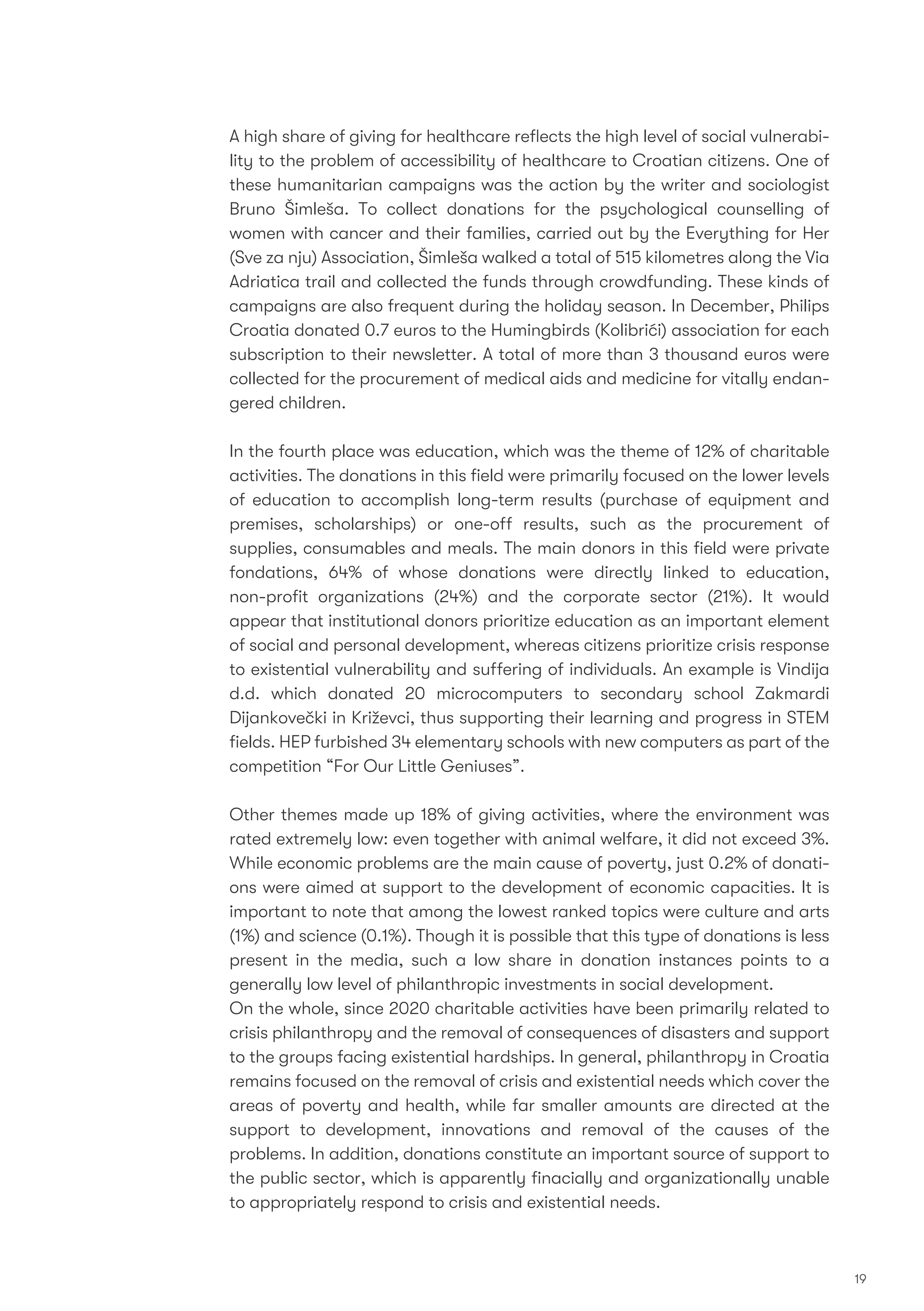 A high share of giving for healthcare reﬂects the high level of social vulnerabi-
lity to the problem of accessibility of healthcare to Croatian citizens. One of
these humanitarian campaigns was the action by the writer and sociologist
Bruno Šimleša. To collect donations for the psychological counselling of
women with cancer and their families, carried out by the Everything for Her
(Sve za nju) Association, Šimleša walked a total of 515 kilometres along the Via
Adriatica trail and collected the funds through crowdfunding. These kinds of
campaigns are also frequent during the holiday season. In December, Philips
Croatia donated 0.7 euros to the Humingbirds (Kolibrići) association for each
subscription to their newsletter. A total of more than 3 thousand euros were
collected for the procurement of medical aids and medicine for vitally endan-
gered children.
In the fourth place was education, which was the theme of 12% of charitable
activities. The donations in this ﬁeld were primarily focused on the lower levels
of education to accomplish long-term results (purchase of equipment and
premises, scholarships) or one-off results, such as the procurement of
supplies, consumables and meals. The main donors in this ﬁeld were private
fondations, 64% of whose donations were directly linked to education,
non-proﬁt organizations (24%) and the corporate sector (21%). It would
appear that institutional donors prioritize education as an important element
of social and personal development, whereas citizens prioritize crisis response
to existential vulnerability and suffering of individuals. An example is Vindija
d.d. which donated 20 microcomputers to secondary school Zakmardi
Dijankovečki in Križevci, thus supporting their learning and progress in STEM
ﬁelds. HEP furbished 34 elementary schools with new computers as part of the
competition “For Our Little Geniuses”.
Other themes made up 18% of giving activities, where the environment was
rated extremely low: even together with animal welfare, it did not exceed 3%.
While economic problems are the main cause of poverty, just 0.2% of donati-
ons were aimed at support to the development of economic capacities. It is
important to note that among the lowest ranked topics were culture and arts
(1%) and science (0.1%). Though it is possible that this type of donations is less
present in the media, such a low share in donation instances points to a
generally low level of philanthropic investments in social development.
On the whole, since 2020 charitable activities have been primarily related to
crisis philanthropy and the removal of consequences of disasters and support
to the groups facing existential hardships. In general, philanthropy in Croatia
remains focused on the removal of crisis and existential needs which cover the
areas of poverty and health, while far smaller amounts are directed at the
support to development, innovations and removal of the causes of the
problems. In addition, donations constitute an important source of support to
the public sector, which is apparently ﬁnacially and organizationally unable
to appropriately respond to crisis and existential needs.
19
 