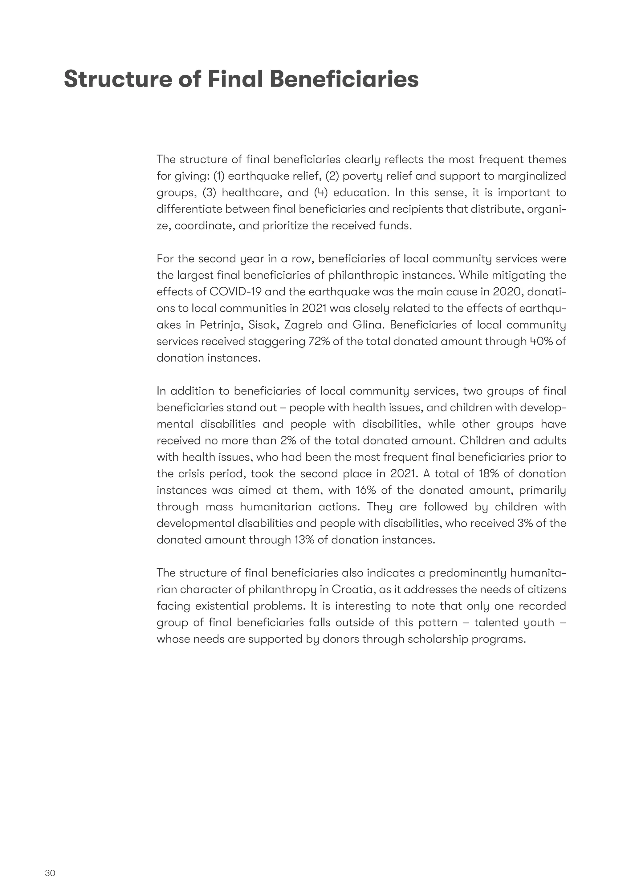 30
The structure of ﬁnal beneﬁciaries clearly reﬂects the most frequent themes
for giving: (1) earthquake relief, (2) poverty relief and support to marginalized
groups, (3) healthcare, and (4) education. In this sense, it is important to
differentiate between ﬁnal beneﬁciaries and recipients that distribute, organi-
ze, coordinate, and prioritize the received funds.
For the second year in a row, beneﬁciaries of local community services were
the largest ﬁnal beneﬁciaries of philanthropic instances. While mitigating the
effects of COVID-19 and the earthquake was the main cause in 2020, donati-
ons to local communities in 2021 was closely related to the effects of earthqu-
akes in Petrinja, Sisak, Zagreb and Glina. Beneﬁciaries of local community
services received staggering 72% of the total donated amount through 40% of
donation instances.
In addition to beneﬁciaries of local community services, two groups of ﬁnal
beneﬁciaries stand out – people with health issues, and children with develop-
mental disabilities and people with disabilities, while other groups have
received no more than 2% of the total donated amount. Children and adults
with health issues, who had been the most frequent ﬁnal beneﬁciaries prior to
the crisis period, took the second place in 2021. A total of 18% of donation
instances was aimed at them, with 16% of the donated amount, primarily
through mass humanitarian actions. They are followed by children with
developmental disabilities and people with disabilities, who received 3% of the
donated amount through 13% of donation instances.
The structure of ﬁnal beneﬁciaries also indicates a predominantly humanita-
rian character of philanthropy in Croatia, as it addresses the needs of citizens
facing existential problems. It is interesting to note that only one recorded
group of ﬁnal beneﬁciaries falls outside of this pattern – talented youth –
whose needs are supported by donors through scholarship programs.
Structure of Final Beneﬁciaries
 