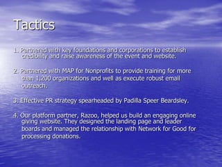 Tactics
1. Partnered with key foundations and corporations to establish
   credibility and raise awareness of the event and website.

2. Partnered with MAP for Nonprofits to provide training for more
   than 1,200 organizations and well as execute robust email
   outreach.

3. Effective PR strategy spearheaded by Padilla Speer Beardsley.

4. Our platform partner, Razoo, helped us build an engaging online
   giving website. They designed the landing page and leader
   boards and managed the relationship with Network for Good for
   processing donations.
 