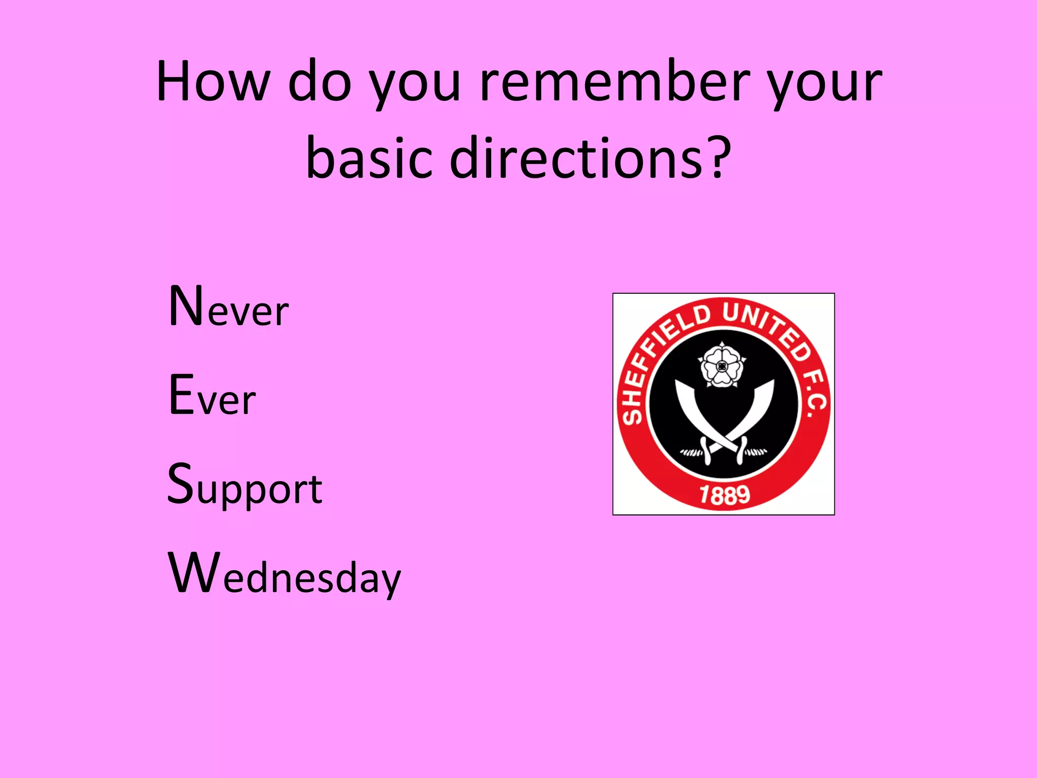 How do you remember your basic directions? N ever E ver S upport W ednesday