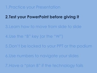 PechaKucha: 20 slides timed for 20 seconds each (total time=6 minutes 40 seconds) www.pecha-kucha.org(e.g., http://www.youtube.com/watch?v=9NZOt6BkhUg)Ignite: 20 slides timed for 15 seconds each (total time=5 minutes)http://ignite.oreilly.com/Guy Kawasaki: 10/20/30 rule – 10 slides, no more than 20 minutes, no font smaller than 3033