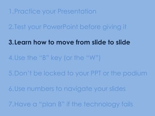 PechaKucha: 20 slides timed for 20 seconds each (total time=6 minutes 40 seconds) www.pecha-kucha.org(e.g., http://www.youtube.com/watch?v=9NZOt6BkhUg)Ignite: 20 slides timed for 15 seconds each (total time=5 minutes)http://ignite.oreilly.com/Guy Kawasaki: 10/20/30 rule – 10 slides, no more than 20 minutes, no font smaller than 3034