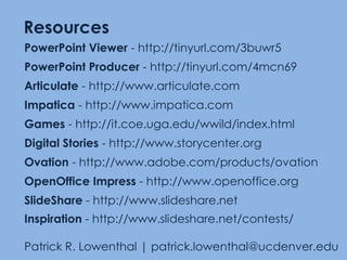Practice your Presentation Test your PowerPoint before giving itLearn how to move from slide to slideUse the “B” key (or the “W”) Don’t be locked to your PPT or the podiumUse numbers to navigate your slidesHave a “plan B” if the technology fails