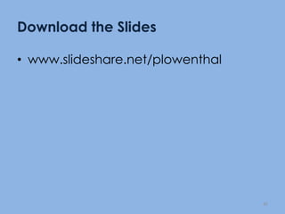 Practice your Presentation Test your PowerPoint before giving itLearn how to move from slide to slideUse the “B” key (or the “W”) Don’t be locked to your PPT or the podiumUse numbers to navigate your slidesHave a “plan B” if the technology fails
