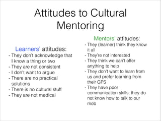Attitudes to Cultural
Mentoring
Learners’ attitudes:
- They don’t acknowledge that
I know a thing or two
- They are not consistent
- I don't want to argue
- There are no practical
solutions 
- There is no cultural stuff
- They are not medical
Mentors’ attitudes:
- They (learner) think they know
it all
- They’re not interested 
- They think we can't offer
anything to help
- They don't want to learn from
us and prefer learning from
their GPS
- They have poor
communication skills; they do
not know how to talk to our
mob
 