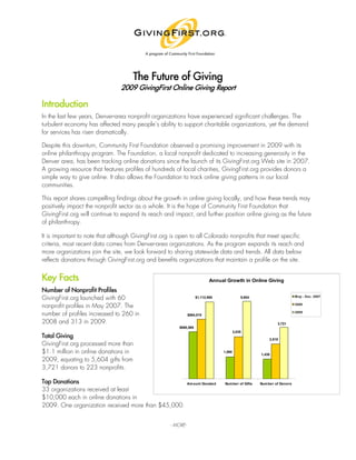 The Future of Giving
                                2009 GivingFirst Online Giving Report

Introduction
In the last few years, Denver-area nonprofit organizations have experienced significant challenges. The
turbulent economy has affected many people’s ability to support charitable organizations, yet the demand
for services has risen dramatically.

Despite this downturn, Community First Foundation observed a promising improvement in 2009 with its
online philanthropy program. The Foundation, a local nonprofit dedicated to increasing generosity in the
Denver area, has been tracking online donations since the launch of its GivingFirst.org Web site in 2007.
A growing resource that features profiles of hundreds of local charities, GivingFirst.org provides donors a
simple way to give online. It also allows the Foundation to track online giving patterns in our local
communities.

This report shares compelling findings about the growth in online giving locally, and how these trends may
positively impact the nonprofit sector as a whole. It is the hope of Community First Foundation that
GivingFirst.org will continue to expand its reach and impact, and further position online giving as the future
of philanthropy.

It is important to note that although GivingFirst.org is open to all Colorado nonprofits that meet specific
criteria, most recent data comes from Denver-area organizations. As the program expands its reach and
more organizations join the site, we look forward to sharing statewide data and trends. All data below
reflects donations through GivingFirst.org and benefits organizations that maintain a profile on the site.


Key Facts                                                                  Annual Growth in Online Giving
Number of Nonprofit Profiles
GivingFirst.org launched with 60                                   $1,112,900               5,604                       M ay - Dec. 2007


nonprofit profiles in May 2007. The                                                                                     2008


number of profiles increased to 260 in                        $864,015
                                                                                                                        2009


2008 and 313 in 2009.                                                                                        3,721
                                                        $680,565
                                                                                        3,035
Total Giving                                                                                             2,515
GivingFirst.org processed more than
$1.1 million in online donations in                                             1,590
                                                                                                    1,430
2009, equating to 5,604 gifts from
3,721 donors to 223 nonprofits.

Top Donations                                                 Am ount Donated    Num ber of Gifts   Num ber of Donors
33 organizations received at least
$10,000 each in online donations in
2009. One organization received more than $45,000.


                                                    - MORE-

 
 