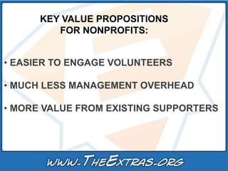 KEY VALUE PROPOSITIONS
         FOR NONPROFITS:


• EASIER TO ENGAGE VOLUNTEERS

• MUCH LESS MANAGEMENT OVERHEAD

• MORE VALUE FROM EXISTING SUPPORTERS
 