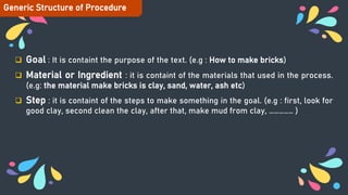  Goal : It is containt the purpose of the text. (e.g : How to make bricks)
 Material or Ingredient : it is containt of the materials that used in the process.
(e.g: the material make bricks is clay, sand, water, ash etc)
 Step : it is containt of the steps to make something in the goal. (e.g : first, look for
good clay, second clean the clay, after that, make mud from clay, …………… )
Generic Structure of Procedure
 
