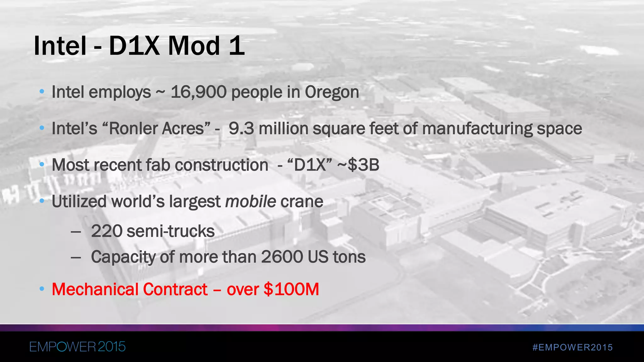 #EMPOWER2015
• Intel employs ~ 16,900 people in Oregon
• Intel’s “Ronler Acres” - 9.3 million square feet of manufacturing space
• Most recent fab construction - “D1X” ~$3B
• Utilized world’s largest mobile crane
– 220 semi-trucks
– Capacity of more than 2600 US tons
• Mechanical Contract – over $100M
Intel - D1X Mod 1
 
