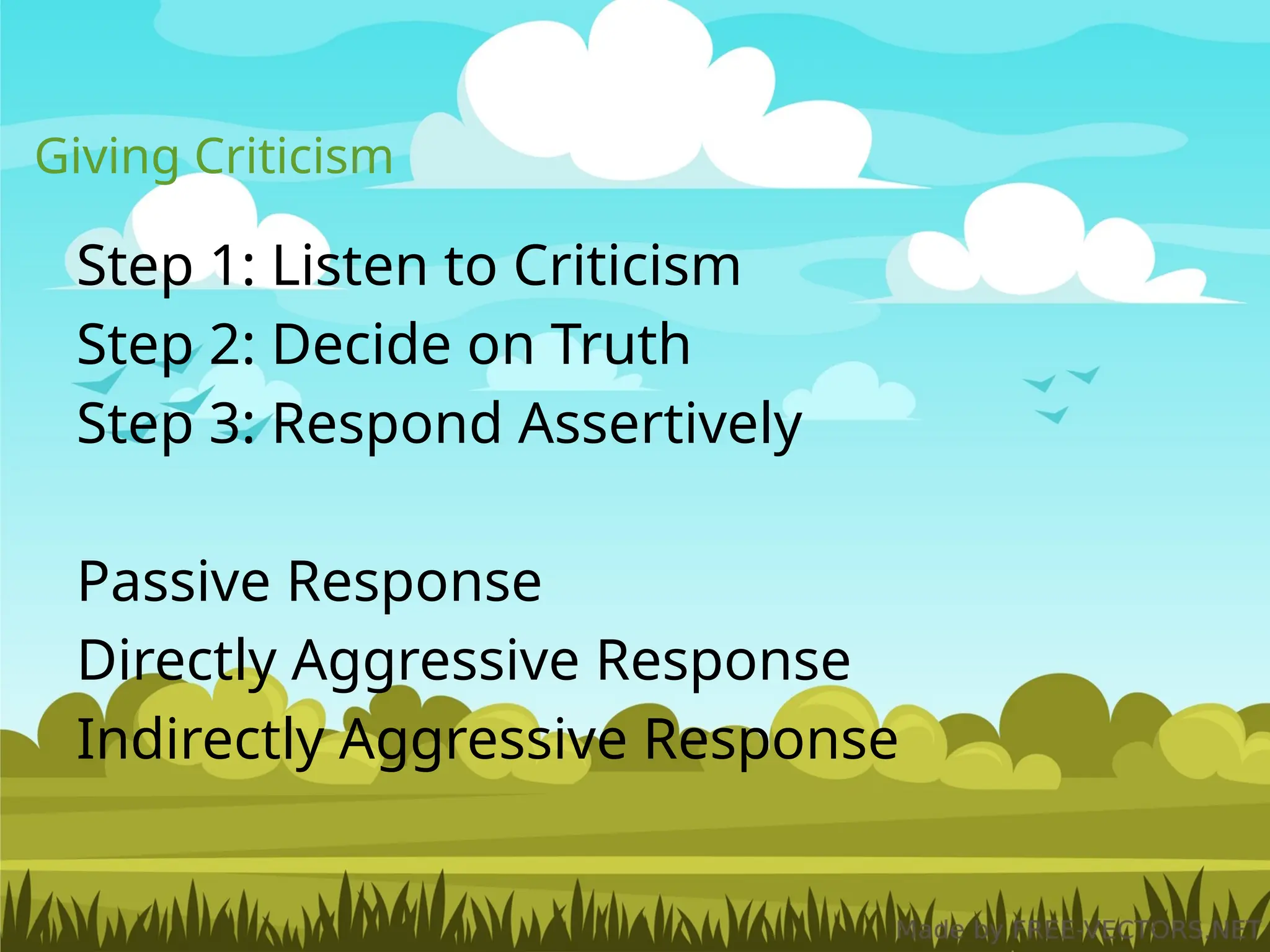 Giving Criticism
Step 1: Listen to Criticism
Step 2: Decide on Truth
Step 3: Respond Assertively
Passive Response
Directly Aggressive Response
Indirectly Aggressive Response
 
