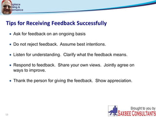 13
 Ask for feedback on an ongoing basis
 Do not reject feedback. Assume best intentions.
 Listen for understanding. Clarify what the feedback means.
 Respond to feedback. Share your own views. Jointly agree on
ways to improve.
 Thank the person for giving the feedback. Show appreciation.
Tips for Receiving Feedback Successfully
 