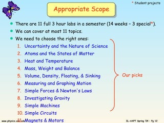 There are 11 full 3 hour labs in a semester (14 weeks – 3 special * ). We can cover at most 11 topics. We need to choose the right ones: 1. Uncertainty and the Nature of Science  2. Atoms and the States of Matter 3. Heat and Temperature 4. Mass, Weight and Balance 5.   Volume, Density, Floating, & Sinking 6. Measuring and Graphing Motion  7. Simple Forces & Newton's Laws 8. Investigating Gravity 9. Simple Machines 10. Simple Circuits  11. Magnets & Motors Appropriate Scope *  Student projects Our picks 