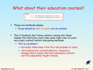 What about their education courses? These are  methods  classes. Focus should on  how to teach , not on content. The if students don’t know content coming into these classes the instructor must take some class time to cover very basic content before discussing methods. This is a problem ! Seriously takes away from the real purpose of class. All sciences are covered (physics, chemistry, biology) which means that any meaningful content can’t be adequately taught anyway. 