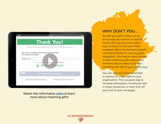 12 | #GIVINGTUESDAY
WHY DON’T YOU...
Double your gifts? Make sure to
encourage your donors to submit
match gift requests and make it
easy for them to find out if their
employer offers this fantastic benefit
with DonorPerfect’s matching gifts
integration. This feature alerts donors
to their matching gifts options the
moment they’re ready to donate –
doubling their gift to you! Learn more.
You can also ask a board member
or sponsor to match gifts to your
organization. This is a great way to
increase enthusiasm, incentivize new
or larger donations, or even kick-off
your end-of-year campaign.
Watch this informative video to learn
more about matching gifts!
See if your employer will match your donation!
Enter the name of your company:
Matching Gift and Volunteer Grant information provided by
Thank You!
Puppy Fund
 