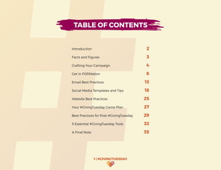 1 | #GIVINGTUESDAY
TABLE OF CONTENTS
Introduction 2
Facts and Figures 3
Crafting Your Campaign 4
Get in FORMation 8
Email Best Practices 13
Social Media Templates and Tips 18
Website Best Practices 25
Your #GivingTuesday Game Plan 27
Best Practices for Post-#GivingTuesday 29
5 Essential #GivingTuesday Tools	 32
A Final Note  35
 