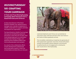 4 | #GIVINGTUESDAY
#GIVINGTUESDAY
101: CRAFTING
YOUR CAMPAIGN
5 Tried-and-True #GivingTuesday
Campaign Best Practices from a
Seasoned Executive Director
As Executive Director of The David
Sheldrick Wildlife Trust, Melissa Sciacca
leverages over a decade of experience in
wildlife conservation to support, promote,
and expand her organization.
The David Sheldrick Wildlife Trust has been
rescuing and rehabilitating elephants
and rhinos in East Africa for 40 years. Their
multi-faceted approach to conservation
includes their Orphans Project, anti-
poaching and surveillance efforts, and
community education and outreach.
As a result of the collaborative efforts
of both development professionals
and conservation experts in both the
United States and East Africa, at-risk and
orphaned elephants and rhinos can successfully be
returned to their wild lives and form their own herds or
join herds of fellow graduate animals.
This incredible undertaking is fueled by the generosity of
their passionate supporters. And that critical enthusiasm
wouldn’t be possible without Melissa’s commitment
to perfecting the art of engaging her constituents
year-round and on #GivingTuesday.
4 | #GIVINGTUESDAY
 