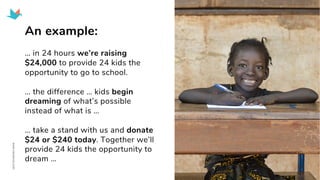 An example:
… in 24 hours we’re raising
$24,000 to provide 24 kids the
opportunity to go to school.
… the difference … kids begin
dreaming of what’s possible
instead of what is …
… take a stand with us and donate
$24 or $240 today. Together we’ll
provide 24 kids the opportunity to
dream …
 