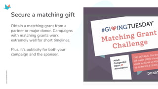Secure a matching gift
Obtain a matching grant from a
partner or major donor. Campaigns
with matching grants work
extremely well for short timelines.
Plus, it’s publicity for both your
campaign and the sponsor.
 