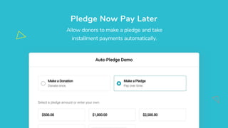 Allow donors to make a pledge and take
installment payments automatically.
Pledge Now Pay Later
 