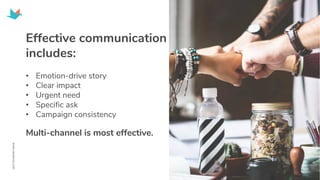 Effective communication
includes:
• Emotion-drive story
• Clear impact
• Urgent need
• Specific ask
• Campaign consistency
Multi-channel is most effective.
 