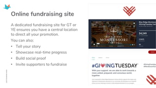 A dedicated fundraising site for GT or
YE ensures you have a central location
to direct all your promotion.
You can also:
• Tell your story
• Showcase real-time progress
• Build social proof
• Invite supporters to fundraise
Online fundraising site
 