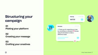 12
Structuring your
campaign
01
Picking your platform
02
Creating your message
03
Crafting your creatives
Giving Tuesday Playbook
 