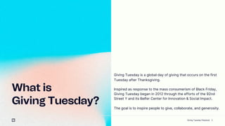 Giving Tuesday is a global day of giving that occurs on the first
Tuesday after Thanksgiving.
Inspired as response to the mass consumerism of Black Friday,
Giving Tuesday began in 2012 through the efforts of the 92nd
Street Y and its Belfer Center for Innovation & Social Impact.
The goal is to inspire people to give, collaborate, and generosity.
2
What is
Giving Tuesday?
Giving Tuesday Playbook
 