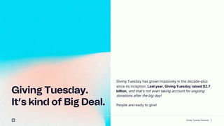 Giving Tuesday has grown massively in the decade-plus
since its inception. Last year, Giving Tuesday raised $2.7
billion, and thats not even taking account for ongoing
donations after the big day!
People are ready to give!
3
Giving Tuesday.
Its kind of Big Deal.
Giving Tuesday Playbook
 