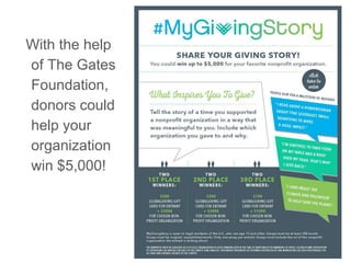 With the help
of The Gates
Foundation,
donors could
help your
organization
win $5,000!
 