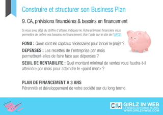Construire et structurer son Business Plan
9. CA, prévisions financières & besoins en financement
Si vous avez déjà du chiffre d’affaire, indiquez-le. Votre prévision financière vous
permettra de définir vos besoins en financement. Voir l’aide sur le site de l’APCE

FOND : Quels sont les capitaux nécessaires pour lancer le projet ?
DEPENSES : Les recettes de l’entreprise par mois
permettront-elles de faire face aux dépenses ?
SEUIL DE RENTABILITE : Quel montant minimal de ventes vous faudra-t-il
atteindre par mois pour atteindre le «point mort» ?


PLAN DE FINANCEMENT A 3 ANS
Pérennité et développement de votre société sur du long terme.
 