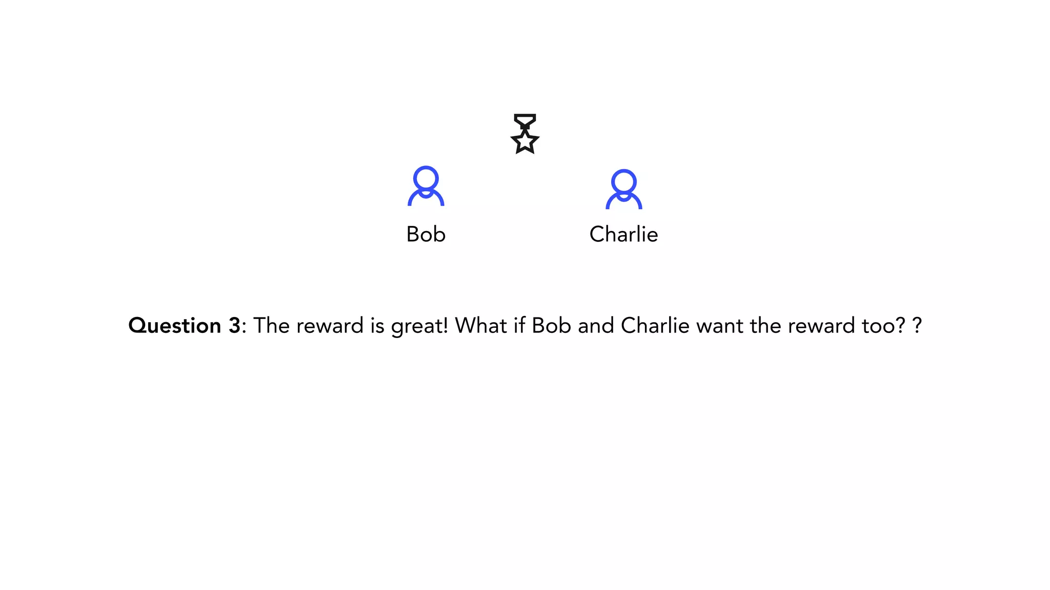 Question 3: The reward is great! What if Bob and Charlie want the reward too? ? Bob Charlie 