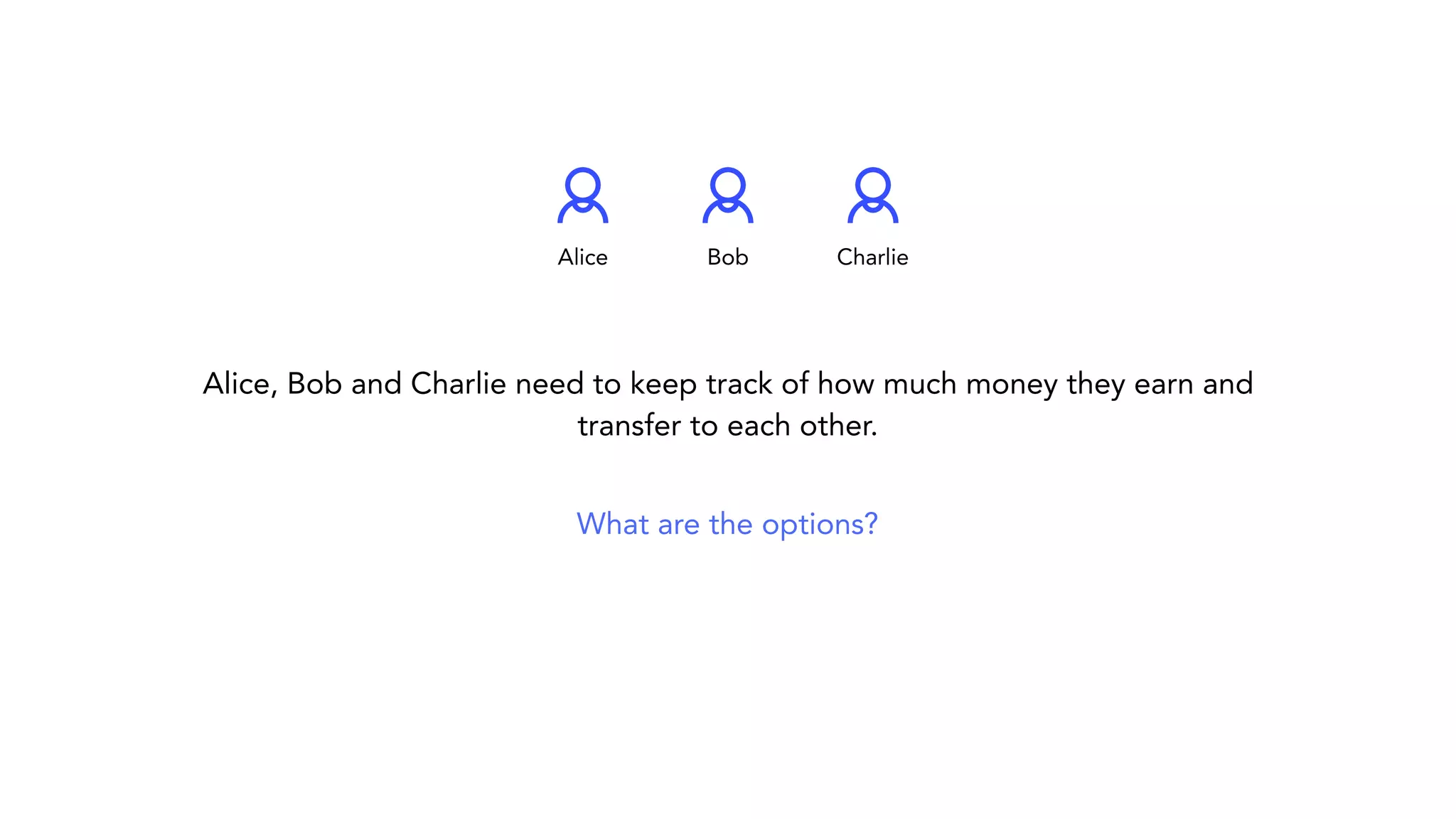 Alice, Bob and Charlie need to keep track of how much money they earn and transfer to each other. What are the options? Alice Bob Charlie 