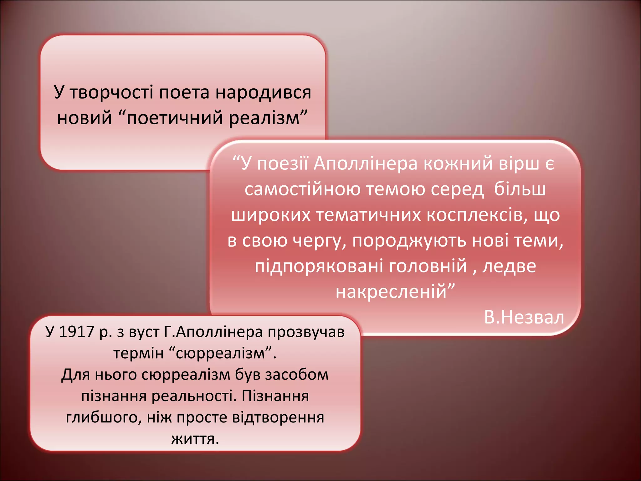 У творчості поета народився 
новий “поетичний реалізм” 
“У поезії Аполлінера кожний вірш є 
самостійною темою серед більш 
широких тематичних косплексів, що 
в свою чергу, породжують нові теми, 
підпоряковані головній , ледве 
накресленій” 
В.Незвал 
У 1917 р. з вуст Г.Аполлінера прозвучав 
термін “сюрреалізм”. 
Для нього сюрреалізм був засобом 
пізнання реальності. Пізнання 
глибшого, ніж просте відтворення 
життя. 
 