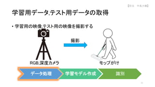 • 学習用の映像,テスト用の映像を撮影する
学習用データ,テスト用データの取得
データ処理 学習モデル作成 識別
撮影
RGB,深度カメラ モップがけ
51
【担当 中島大輔】
 