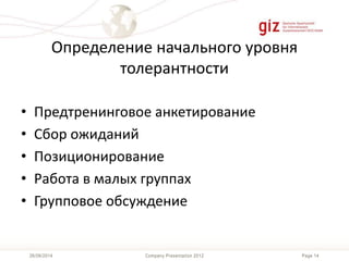 Page 14Company Presentation 201226/06/2014
Определение начального уровня
толерантности
• Предтренинговое анкетирование
• Сбор ожиданий
• Позиционирование
• Работа в малых группах
• Групповое обсуждение
 