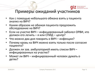 Page 15Company Presentation 201226/06/2014
Примеры ожиданий участников
• Как с помощью небольшого обмана взять у пациента
анализ на ВИЧ?
• Каким образом не обижая пациента предложить
обследование на ВИЧ?
• Если на участке ВИЧ – инфицированный заболел ОРВИ, кто
должен его лечить – я или СПИД – центр?
• Что можно два дня говорить о ВИЧ – инфекции?
• Почему кровь на ВИЧ можно взять только после согласия
пациента?
• Должен ли зав. амбулаторией иметь списки ВИЧ –
инфицированных на участке?
• Может ли ВИЧ – инфицированный человек думать о
детях?
 