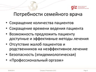 Page 8Company Presentation 201226/06/2014
Потребности семейного врача
• Сокращение количества пациентов
• Сокращение времени ведения пациента
• Возможность предложить пациенту
доступные и эффективные методы лечения
• Отсутствие жалоб пациентов и
родственников на неэффективное лечение
• Безопасность (эпидемиологическая)
• «Профессиональный оргазм»
 