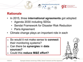 Page 215/02/2018
Rationale
• In 2015, three international agreements got adopted:
• Agenda 2030 including SDGs
• Sendai Fr...