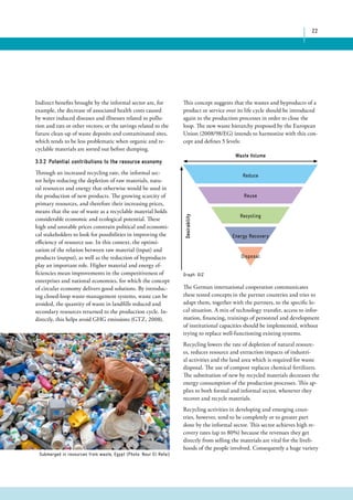 22 
This concept suggests that the wastes and byproducts of a 
product or service over its life cycle should be introduced 
again to the production processes in order to close the 
loop. The new waste hierarchy proposed by the European 
Union (2008/98/EG) intends to harmonize with this con-cept 
and defines 5 levels: 
Indirect benefits brought by the informal sector are, for 
example, the decrease of associated health costs caused 
by water induced diseases and illnesses related to pollu-tion 
and rats or other vectors; or the savings related to the 
future clean-up of waste deposits and contaminated sites, 
which tends to be less problematic when organic and re-cyclable 
materials are sorted out before dumping. 
3.3.2 Potential contributions to the resource economy 
Through an increased recycling rate, the informal sec-tor 
helps reducing the depletion of raw materials, natu-ral 
resources and energy that otherwise would be used in 
the production of new products. The growing scarcity of 
primary resources, and therefore their increasing prices, 
means that the use of waste as a recyclable material holds 
considerable economic and ecological potential. These 
high and unstable prices constrain political and economi-cal 
stakeholders to look for possibilities in improving the 
efficiency of resource use. In this context, the optimi-zation 
of the relation between raw material (input) and 
products (output), as well as the reduction of byproducts 
play an important role. Higher material and energy ef-ficiencies 
mean improvements in the competitiveness of 
enterprises and national economies, for which the concept 
of circular economy delivers good solutions. By introduc-ing 
closed-loop waste-management systems, waste can be 
avoided, the quantity of waste in landfills reduced and 
secondary resources returned to the production cycle. In-directly, 
this helps avoid GHG emissions (GTZ, 2008). 
Submerged in resources from waste, Egypt (Photo: Nour El Refai) 
Graph: GIZ 
Waste Volume 
The German international cooperation communicates 
these tested concepts in the partner countries and tries to 
adapt them, together with the partners, to the specific lo-cal 
situation. A mix of technology transfer, access to infor-mation, 
financing, trainings of personnel and development 
of institutional capacities should be implemented, without 
trying to replace well-functioning existing systems. 
Recycling lowers the rate of depletion of natural resourc-es, 
reduces resource and extraction impacts of industri-al 
activities and the land area which is required for waste 
disposal. The use of compost replaces chemical fertilizers. 
The substitution of new by recycled materials decreases the 
energy consumption of the production processes. This ap-plies 
to both formal and informal sector, whenever they 
recover and recycle materials. 
Recycling activities in developing and emerging coun-tries, 
however, tend to be completely or to greater part 
done by the informal sector. This sector achieves high re-covery 
rates (up to 80%) because the revenues they get 
directly from selling the materials are vital for the liveli-hoods 
of the people involved. Consequently a huge variety 
Desirability 
Reduce 
Reuse 
Recycling 
Energy Recovery 
Disposal 
 
