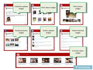 Facebook updates widget Flickr album widget Flickr photos widget Facebook photos widget Twitter updates widget Twitter favorites widget YouTube videos widget 