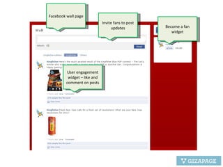 Facebook wall page Invite fans to post updates User engagement widget – like and comment on posts Become a fan widget 