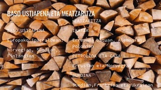 BASO USTIAPENA ETA MEATZARITZA
BASO USTIAPENA
Europako iparraldean:
Norvegian, Suedian,
Finlandian
MEATZARITZA
IKATZA
Erresuma batuan, Alemanian,
Polonian
PETROLIOA ETA GASA
Errusian eta Norvegian
BURDINA
Suedian,Frantzian eta Ukrainan
 
