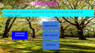 LEHEN SEKTOREA
Produktuak zuzenean naturatik hartzen dituzten jarduerek
osatzen dute.
JARDUERA
NAGUSIAK
NEKAZARITZA
ABELTZAINTZA
ARRANTZA
 