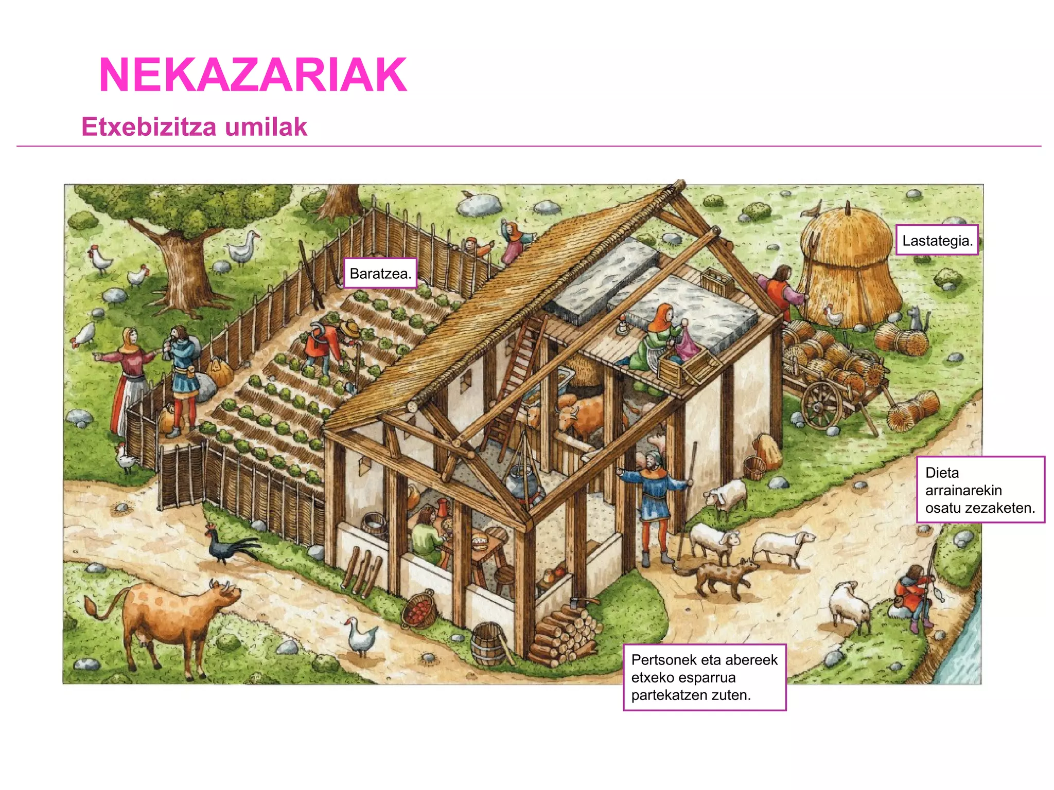 Etxebizitza umilak NEKAZARIAK Baratzea. Lastategia. Dieta arrainarekin osatu zezaketen . Pertsonek eta abereek etxeko esparrua partekatzen zuten. 