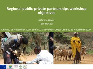 Regional public-private partnerships workshop
objectives
Solomon Gizaw
(ILRI-HEARD)
Amhara, 18 November 2019: Somali, 21 November 2019: Oromia, 26 November 2019
 