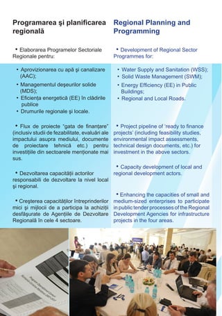 Programarea şi planificarea
regională
Regional Planning and
Programming
• Elaborarea Programelor Sectoriale
Regionale pentru:
• Aprovizionarea cu apă şi canalizare
(AAC);
• Managementul deşeurilor solide
(MDS);
• Eficienţa energetică (EE) în clădirile
publice
• Drumurile regionale şi locale.
• Flux de proiecte “gata de finanţare”
(inclusiv studii de fezabilitate, evaluări ale
impactului asupra mediului, documente
de proiectare tehnică etc.) pentru
investiţiile din sectoarele menţionate mai
sus.
• Dezvoltarea capacităţii actorilor
responsabili de dezvoltare la nivel local
şi regional.
• Creşterea capacităţilor întreprinderilor
mici şi mijlocii de a participa la achiziţii
desfăşurate de Agenţiile de Dezvoltare
Regională în cele 4 sectoare.
• Development of Regional Sector
Programmes for:
• Water Supply and Sanitation (WSS);
• Solid Waste Management (SWM);
• Energy Efficiency (EE) in Public
Buildings;
• Regional and Local Roads.
• Project pipeline of ‘ready to finance
projects’ (including feasibility studies,
environmental impact assessments,
technical design documents, etc.) for
investment in the above sectors.
• Capacity development of local and
regional development actors.
• Enhancing the capacities of small and
medium-sized enterprises to participate
in public tender processes of the Regional
Development Agencies for infrastructure
projects in the four areas.
 
