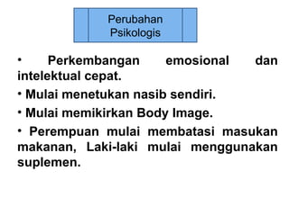 • Perkembangan emosional dan
intelektual cepat.
• Mulai menetukan nasib sendiri.
• Mulai memikirkan Body Image.
• Perempuan mulai membatasi masukan
makanan, Laki-laki mulai menggunakan
suplemen.
Perubahan
Psikologis
 