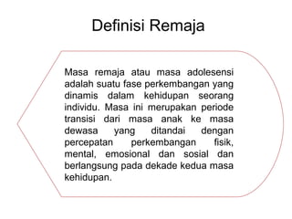 Definisi Remaja
Masa remaja atau masa adolesensi
adalah suatu fase perkembangan yang
dinamis dalam kehidupan seorang
individu. Masa ini merupakan periode
transisi dari masa anak ke masa
dewasa yang ditandai dengan
percepatan perkembangan fisik,
mental, emosional dan sosial dan
berlangsung pada dekade kedua masa
kehidupan.
 
